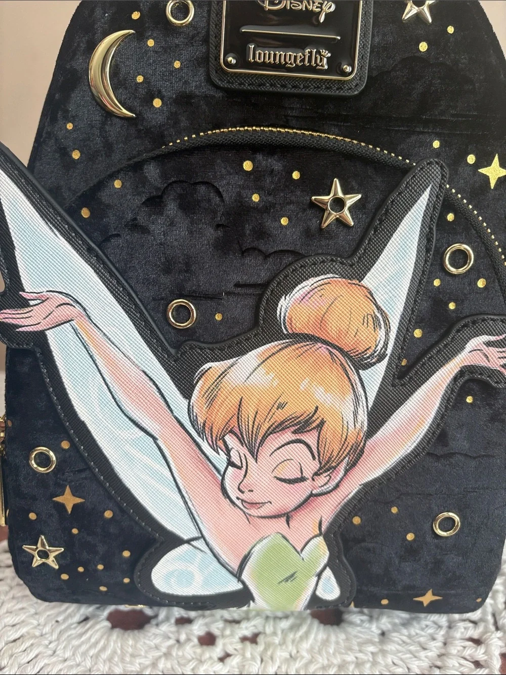 Loungefly Disney Tinker Bell Black & Gold Velvet Bag/Backpack NWT